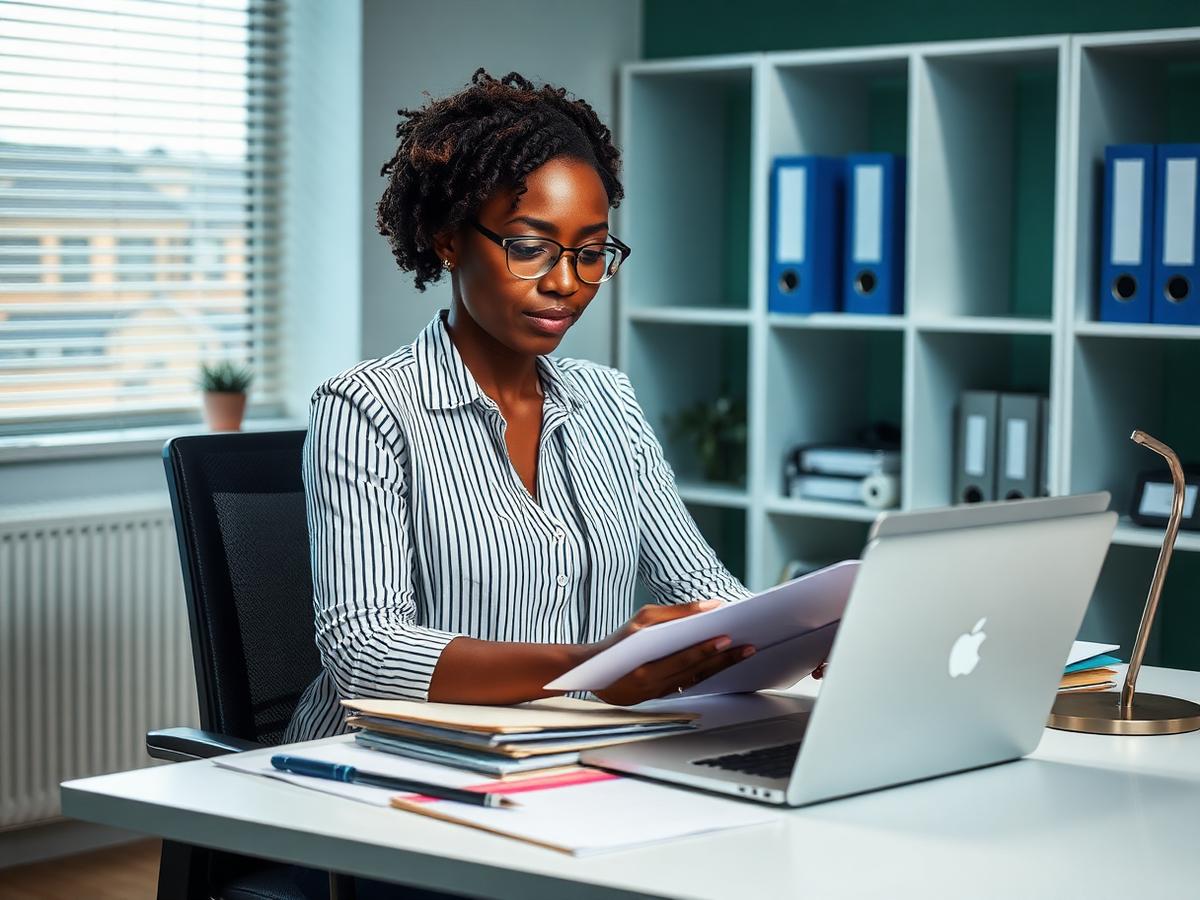 Focused South African administrator reviewing documents at a modern office desk with a laptop