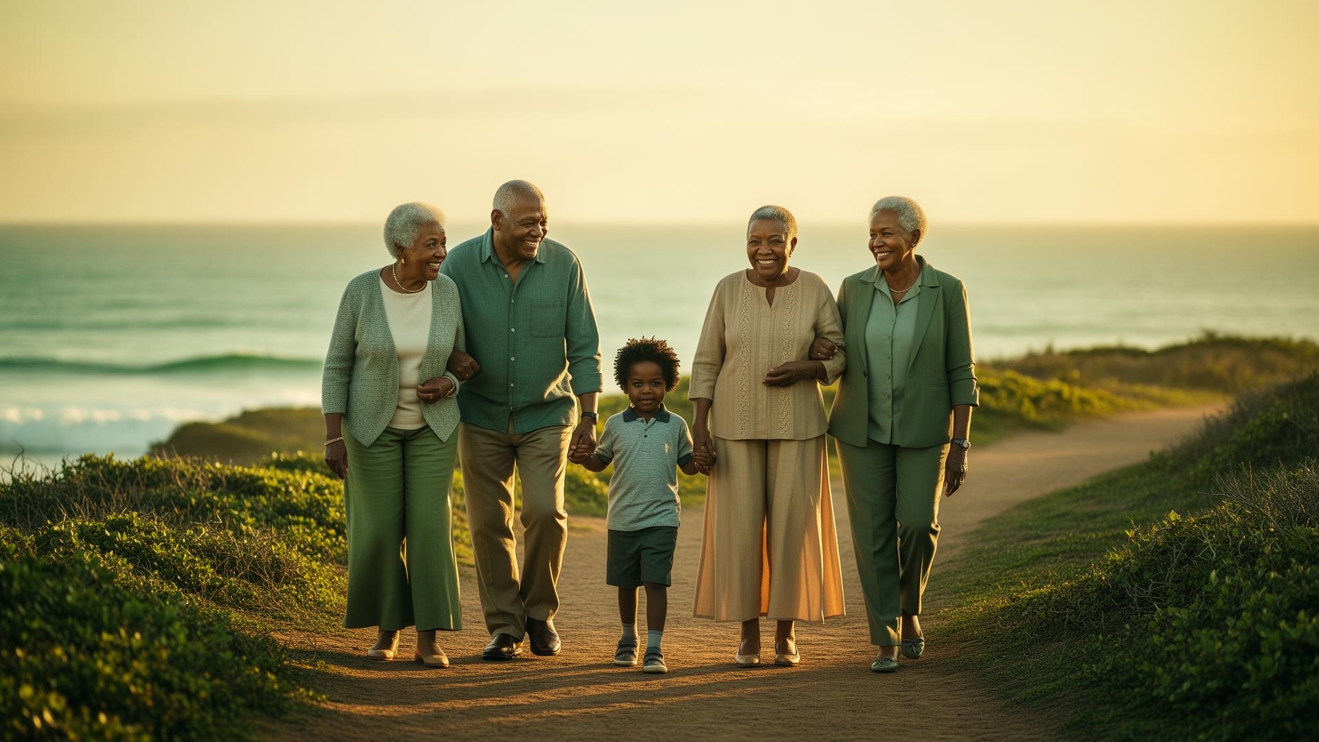 A multi-generational family walking together, representing long-term wealth