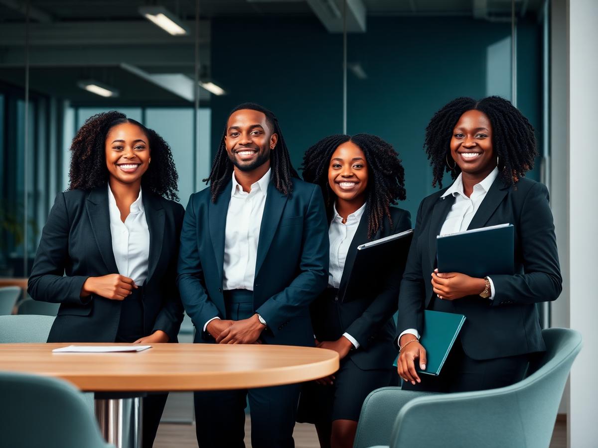 Diverse group of young South African graduates in business attire in a modern office