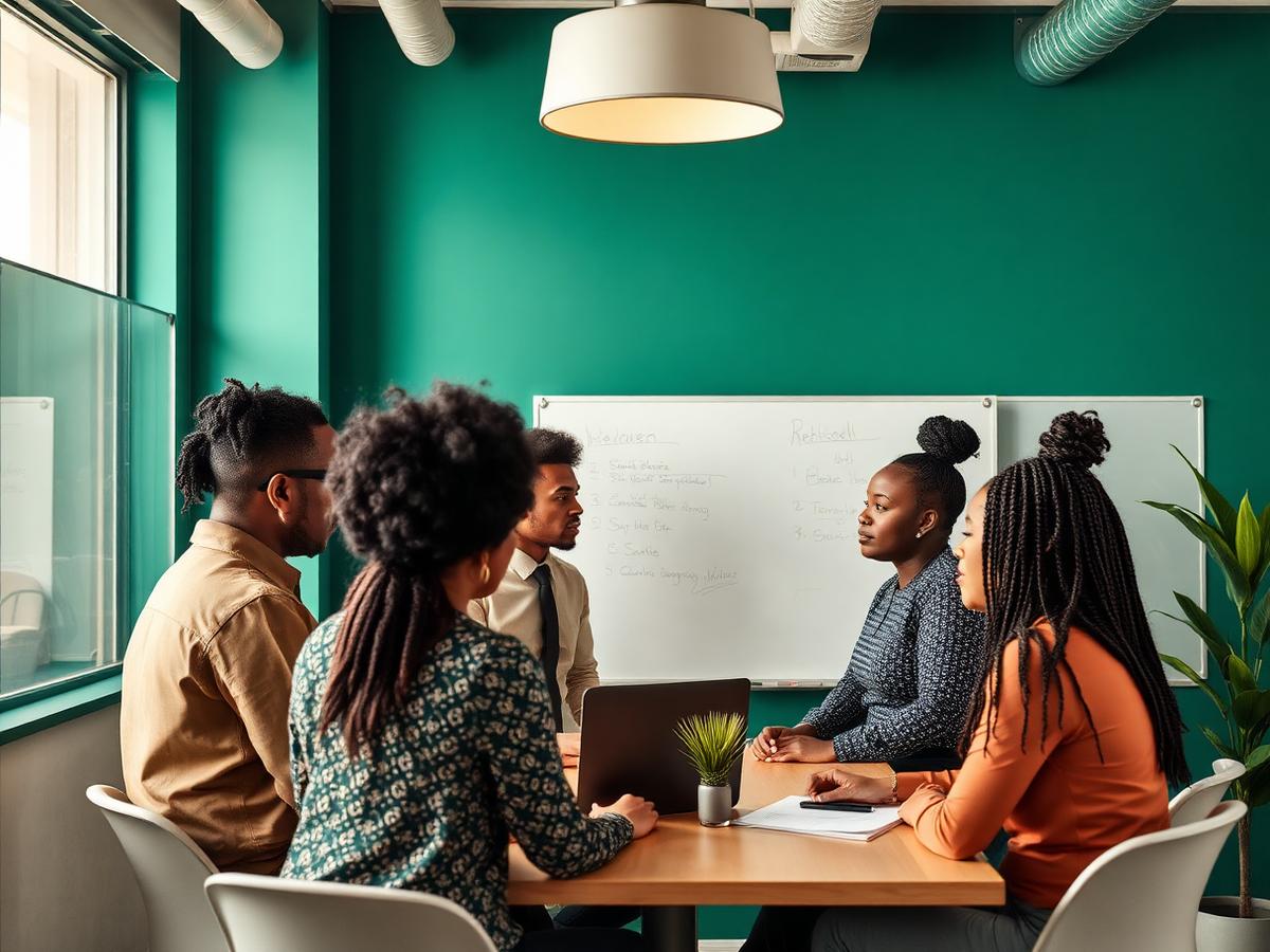Sales manager leading a small diverse South African team meeting at a whiteboard