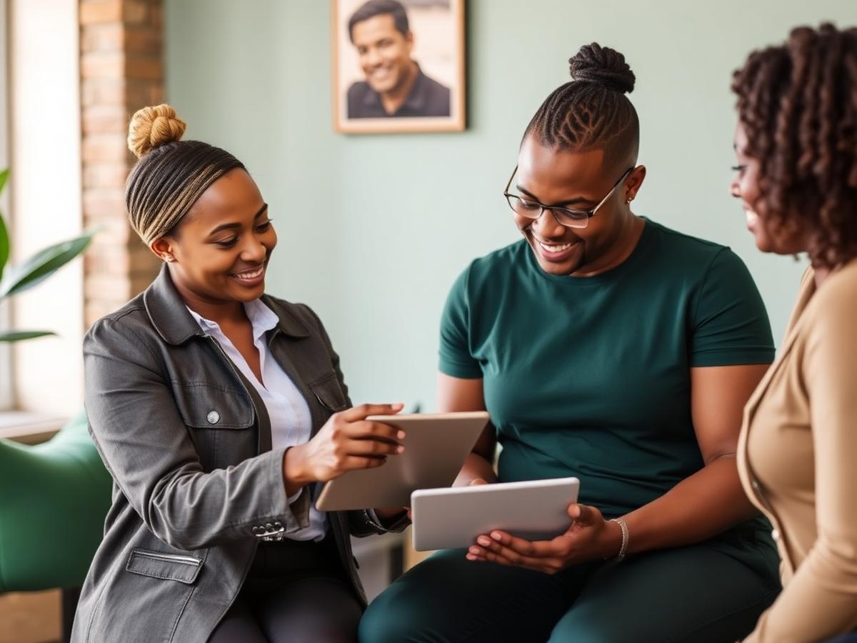 Client onboarding officer assisting clients with a tablet in a warm, welcoming office
