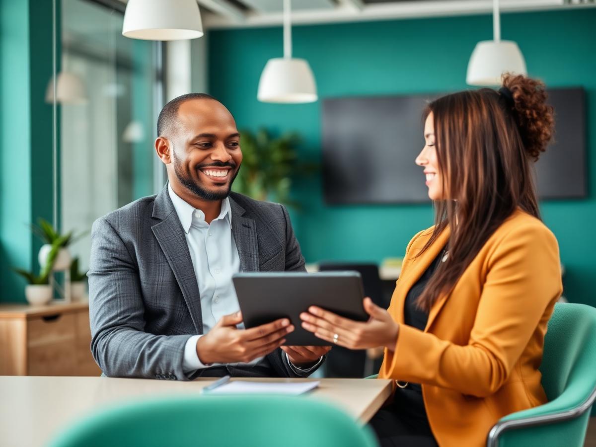 Diverse South African sales representative meeting a client with a tablet in a modern office